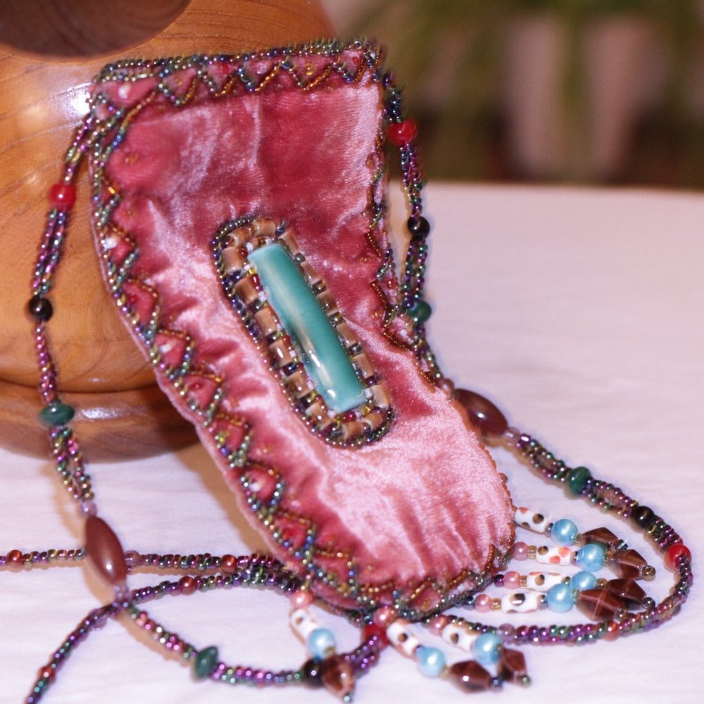 Beaded bag - embedded crystals and long beaded strap